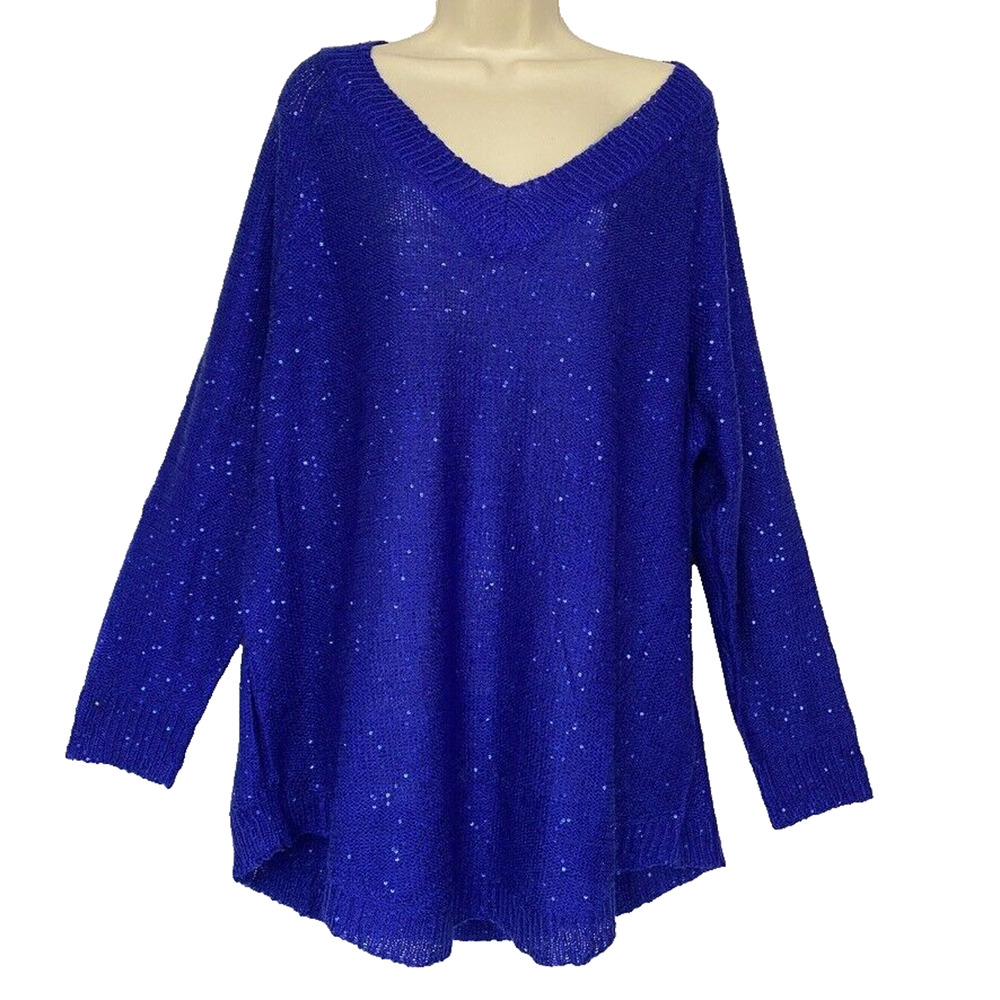 Soft Surroundings Sweater 1X Blue Sequin Shimmer Open Knit V Neck Flowy Sheer